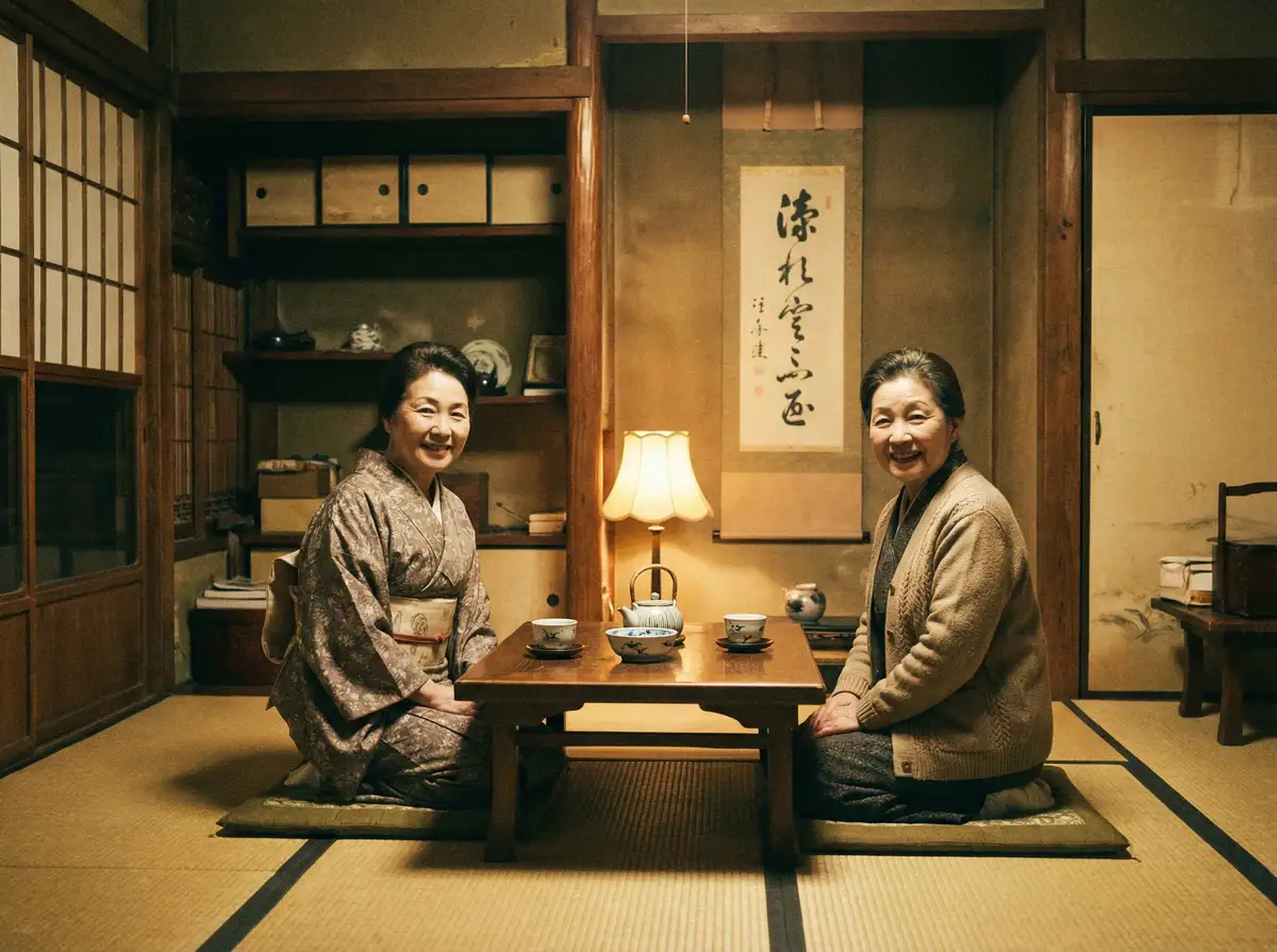 两位优雅的 阿里体育app 在日式茶室中品茶交谈